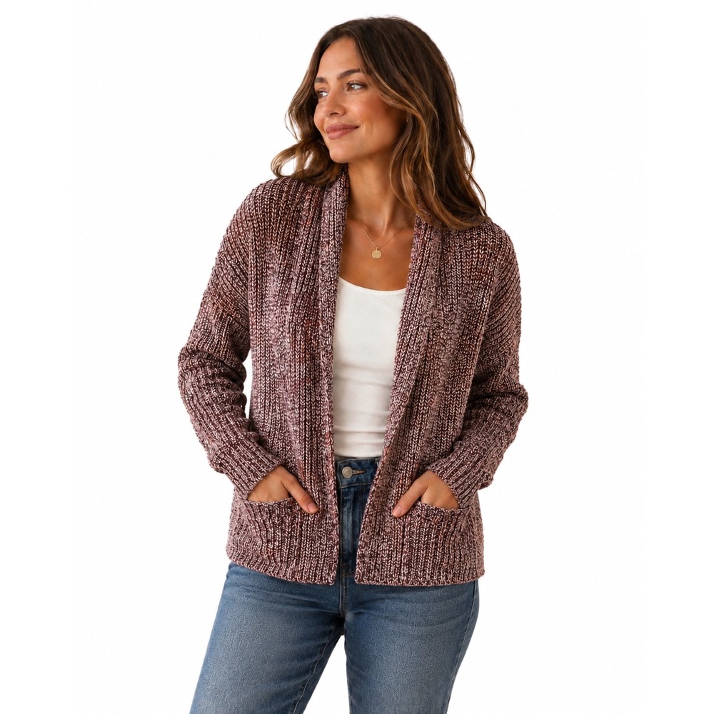 Pink Rose Large Burgundy Marl Open Front Chunky Knit Cardigan Warm Fall Sweater